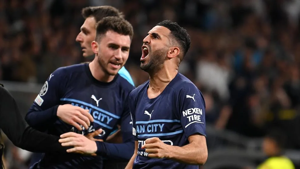 Riyad Mahrez celebrates Manchester City's goal before Real Madrid's late 2022 semi-final comeback
