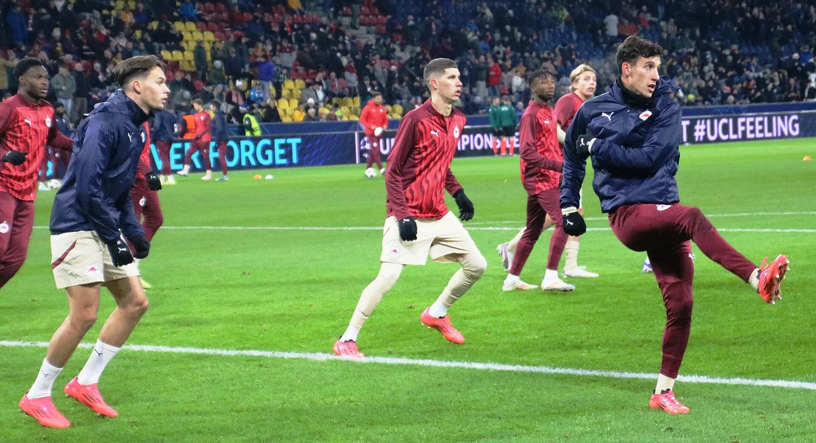 Salzburg players warming up before a Champions League league-phase match