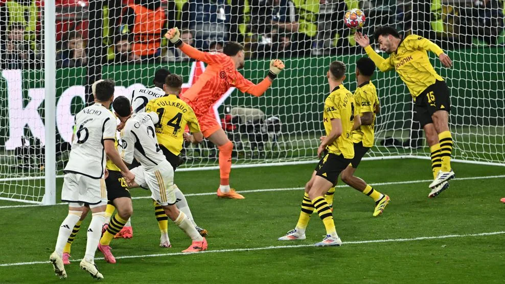 Dani Carvajal heads Real Madrid in front against Borussia Dortmund in the 2024 Champions League final