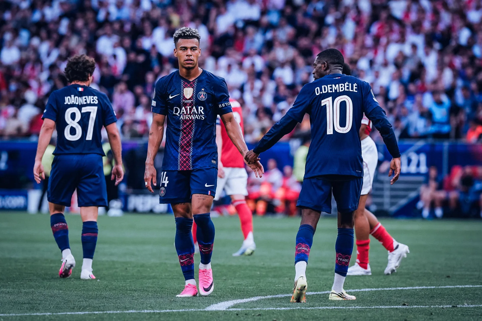 Ousmane Dembélé, João Neves and PSG teammates facing Arsenal in the 2026 Champions League final